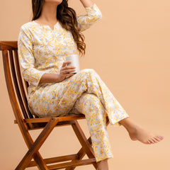 White Printed Cotton Night Suit with V-Neck Kurti & Ankle-Length Pants