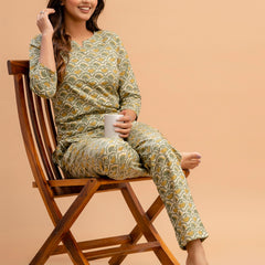 Green Printed Cotton Night Suit with V-Neck Kurti & Ankle-Length Pants
