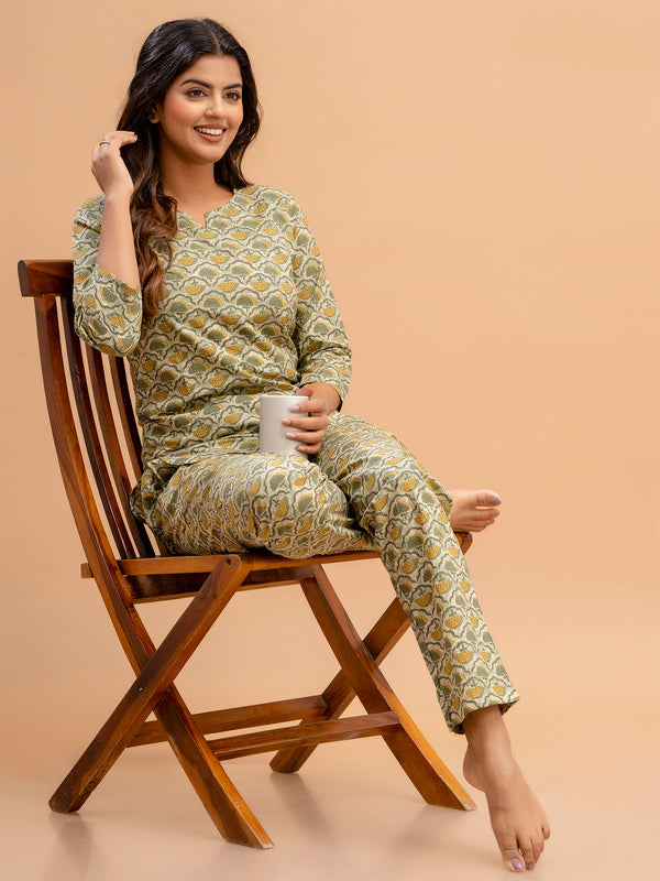 Green Printed Cotton Night Suit with V-Neck Kurti & Ankle-Length Pants