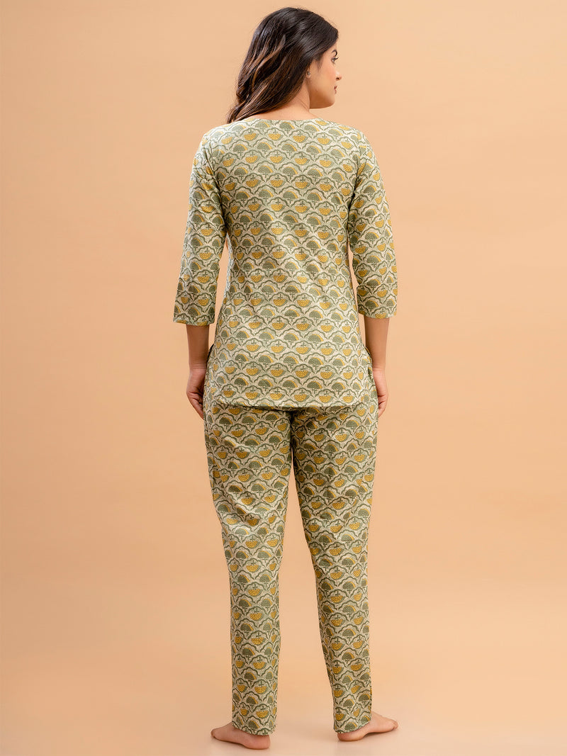 Green Printed Cotton Night Suit with V-Neck Kurti & Ankle-Length Pants