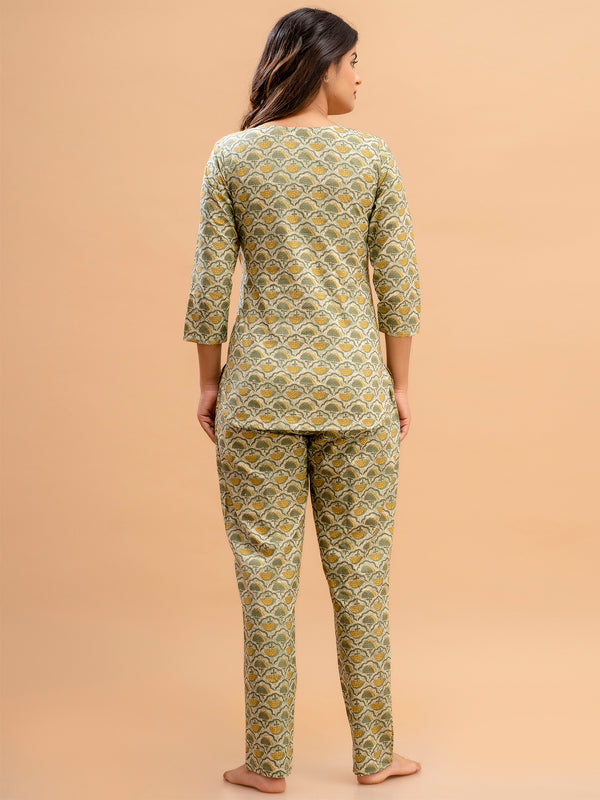 Green Printed Cotton Night Suit with V-Neck Kurti & Ankle-Length Pants