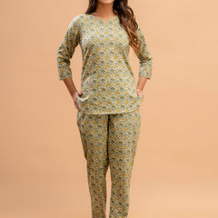 Green Printed Cotton Night Suit with V-Neck Kurti & Ankle-Length Pants