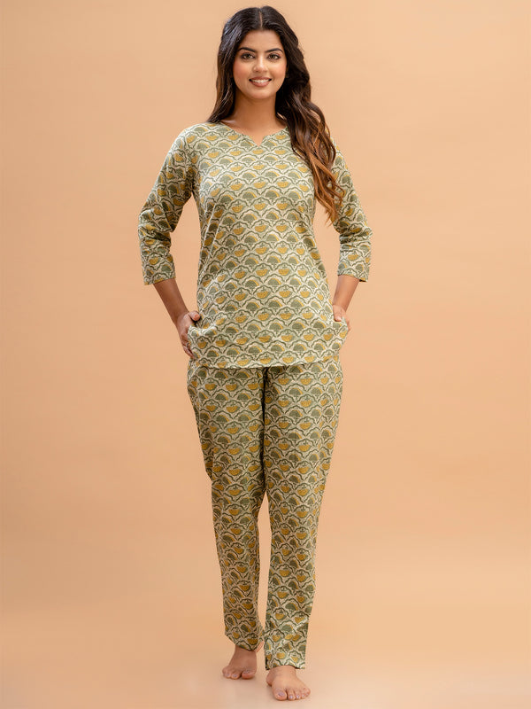 Green Printed Cotton Night Suit with V-Neck Kurti & Ankle-Length Pants