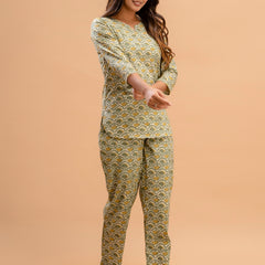 Green Printed Cotton Night Suit with V-Neck Kurti & Ankle-Length Pants