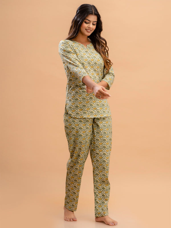 Green Printed Cotton Night Suit with V-Neck Kurti & Ankle-Length Pants