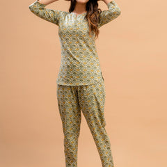 Green Printed Cotton Night Suit with V-Neck Kurti & Ankle-Length Pants