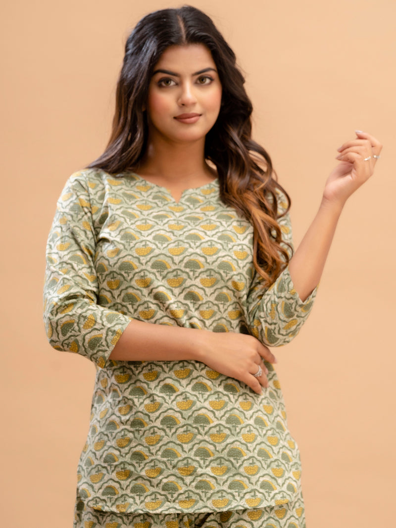 Green Printed Cotton Night Suit with V-Neck Kurti & Ankle-Length Pants