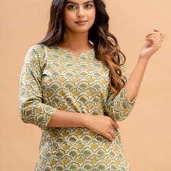 Green Printed Cotton Night Suit with V-Neck Kurti & Ankle-Length Pants