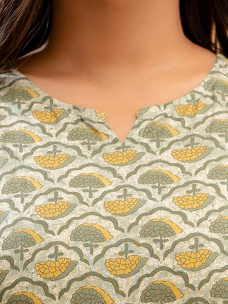 Green Printed Cotton Night Suit with V-Neck Kurti & Ankle-Length Pants