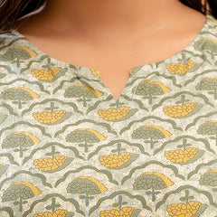 Green Printed Cotton Night Suit with V-Neck Kurti & Ankle-Length Pants