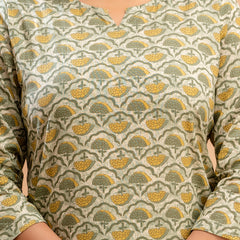 Green Printed Cotton Night Suit with V-Neck Kurti & Ankle-Length Pants