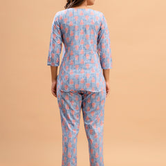 Blue Printed Cotton Night Suit with V-Neck Kurti & Ankle-Length Pants