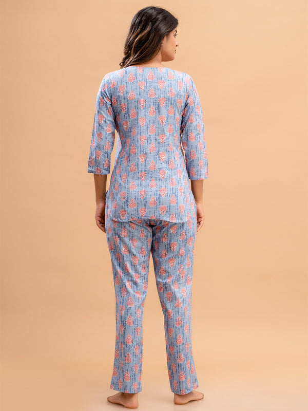 Blue Printed Cotton Night Suit with V-Neck Kurti & Ankle-Length Pants