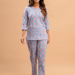 Blue Printed Cotton Night Suit with V-Neck Kurti & Ankle-Length Pants