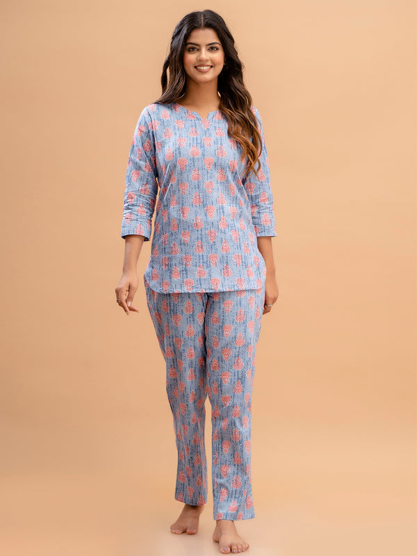 Blue Printed Cotton Night Suit with V-Neck Kurti & Ankle-Length Pants
