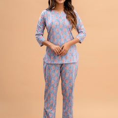 Blue Printed Cotton Night Suit with V-Neck Kurti & Ankle-Length Pants