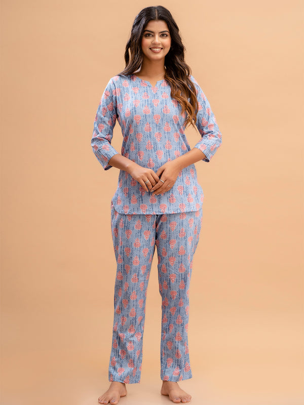 Blue Printed Cotton Night Suit with V-Neck Kurti & Ankle-Length Pants