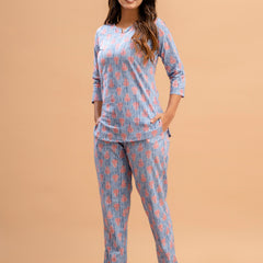 Blue Printed Cotton Night Suit with V-Neck Kurti & Ankle-Length Pants