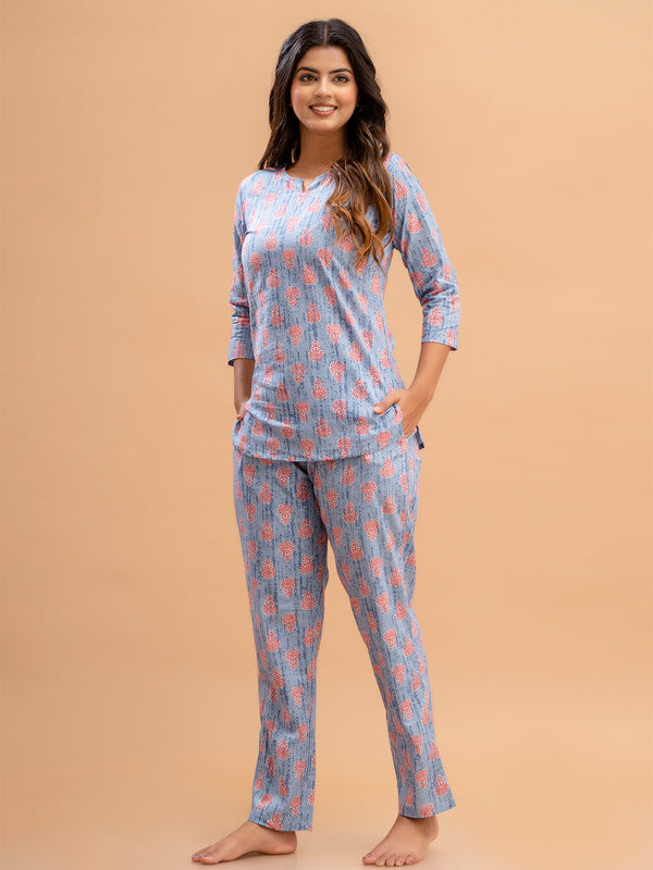 Blue Printed Cotton Night Suit with V-Neck Kurti & Ankle-Length Pants