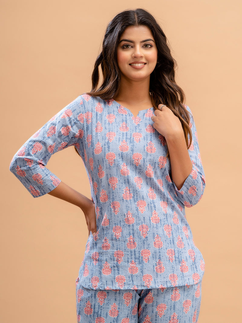 Blue Printed Cotton Night Suit with V-Neck Kurti & Ankle-Length Pants