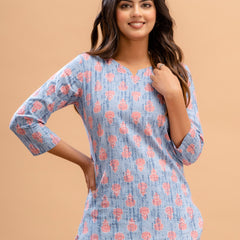 Blue Printed Cotton Night Suit with V-Neck Kurti & Ankle-Length Pants