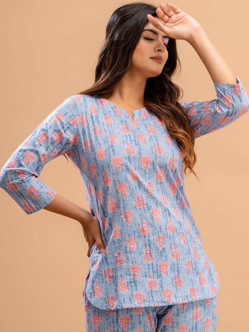 Blue Printed Cotton Night Suit with V-Neck Kurti & Ankle-Length Pants