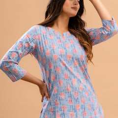 Blue Printed Cotton Night Suit with V-Neck Kurti & Ankle-Length Pants