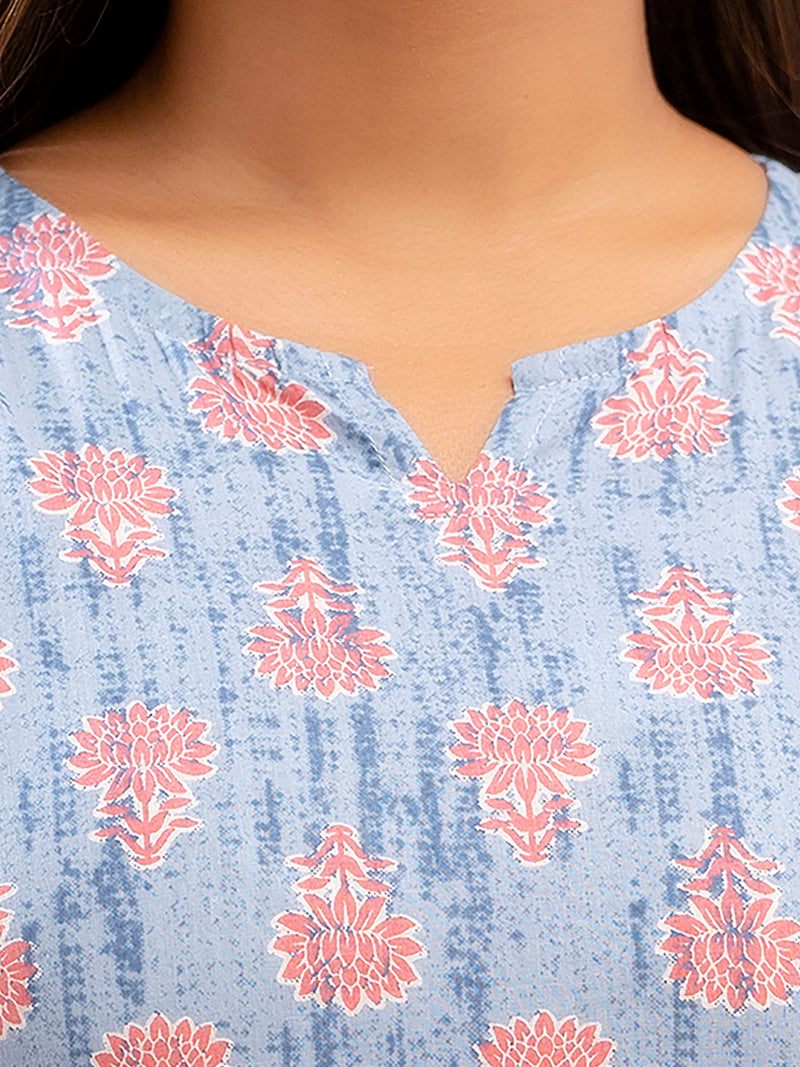 Blue Printed Cotton Night Suit with V-Neck Kurti & Ankle-Length Pants