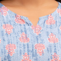 Blue Printed Cotton Night Suit with V-Neck Kurti & Ankle-Length Pants