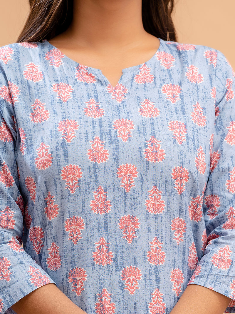 Blue Printed Cotton Night Suit with V-Neck Kurti & Ankle-Length Pants