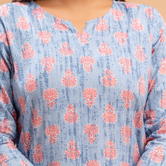 Blue Printed Cotton Night Suit with V-Neck Kurti & Ankle-Length Pants
