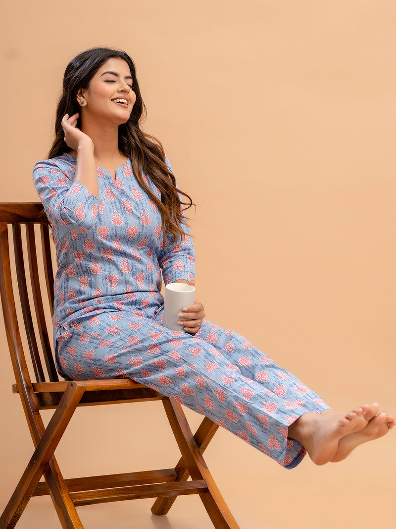 Blue Printed Cotton Night Suit with V-Neck Kurti & Ankle-Length Pants