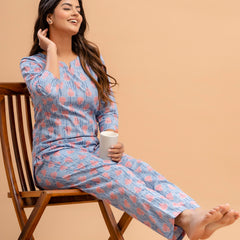 Blue Printed Cotton Night Suit with V-Neck Kurti & Ankle-Length Pants
