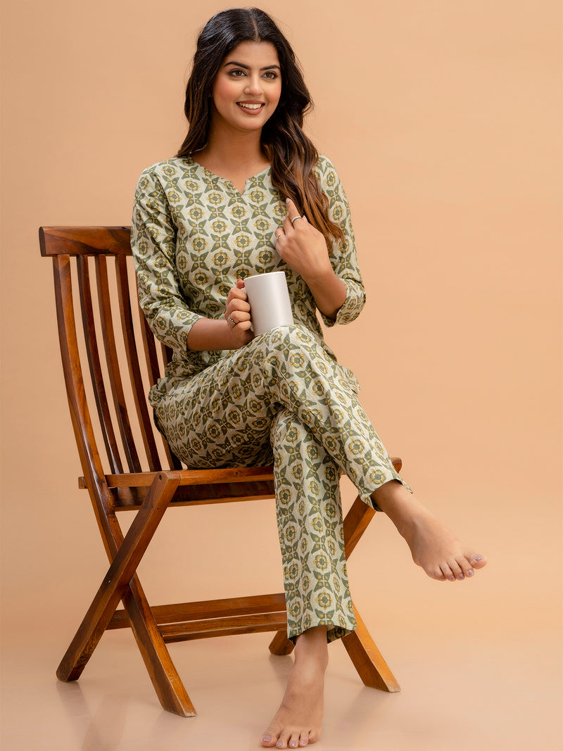 Green Printed Cotton Night Suit with V-Neck Kurti & Ankle-Length Pants