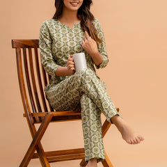 Green Printed Cotton Night Suit with V-Neck Kurti & Ankle-Length Pants
