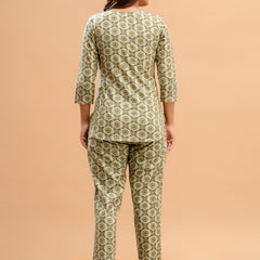 Green Printed Cotton Night Suit with V-Neck Kurti & Ankle-Length Pants