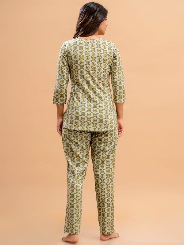 Green Printed Cotton Night Suit with V-Neck Kurti & Ankle-Length Pants