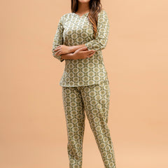 Green Printed Cotton Night Suit with V-Neck Kurti & Ankle-Length Pants