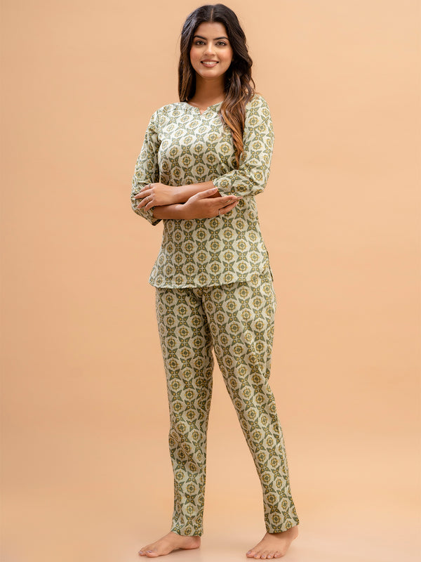 Green Printed Cotton Night Suit with V-Neck Kurti & Ankle-Length Pants