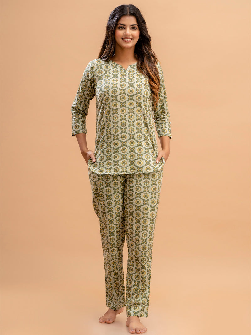 Green Printed Cotton Night Suit with V-Neck Kurti & Ankle-Length Pants