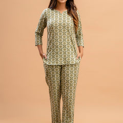 Green Printed Cotton Night Suit with V-Neck Kurti & Ankle-Length Pants