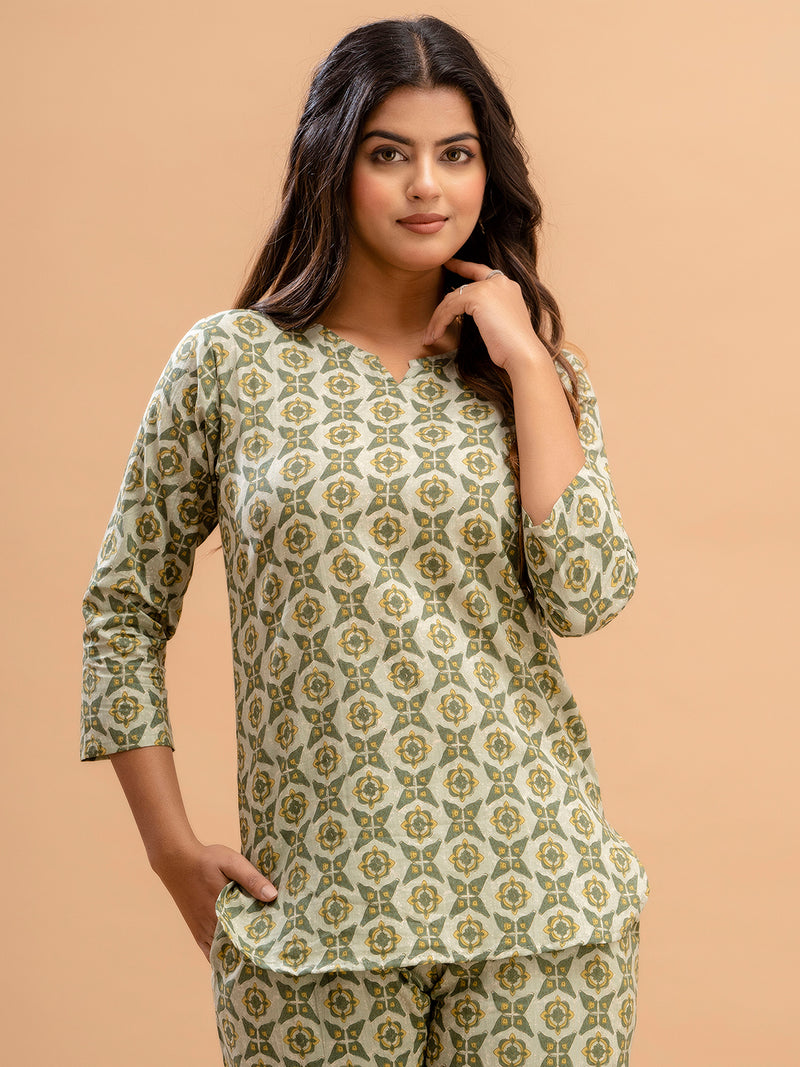Green Printed Cotton Night Suit with V-Neck Kurti & Ankle-Length Pants