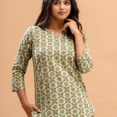Green Printed Cotton Night Suit with V-Neck Kurti & Ankle-Length Pants