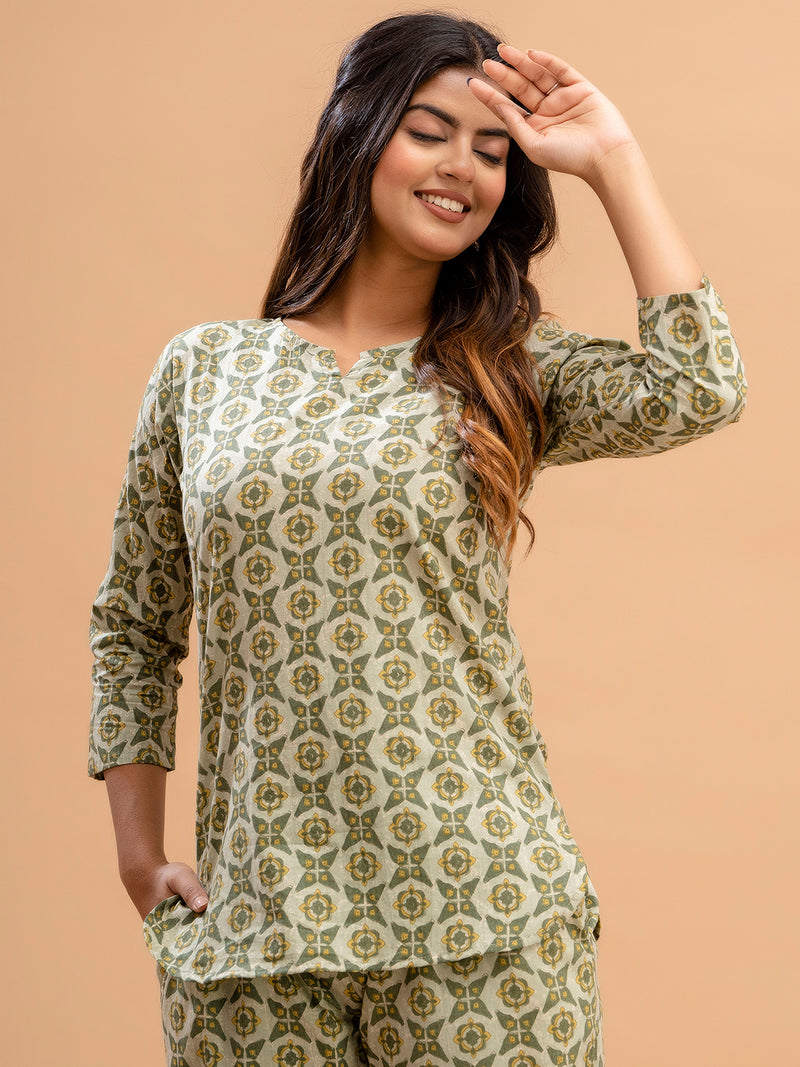 Green Printed Cotton Night Suit with V-Neck Kurti & Ankle-Length Pants