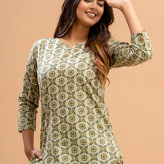 Green Printed Cotton Night Suit with V-Neck Kurti & Ankle-Length Pants
