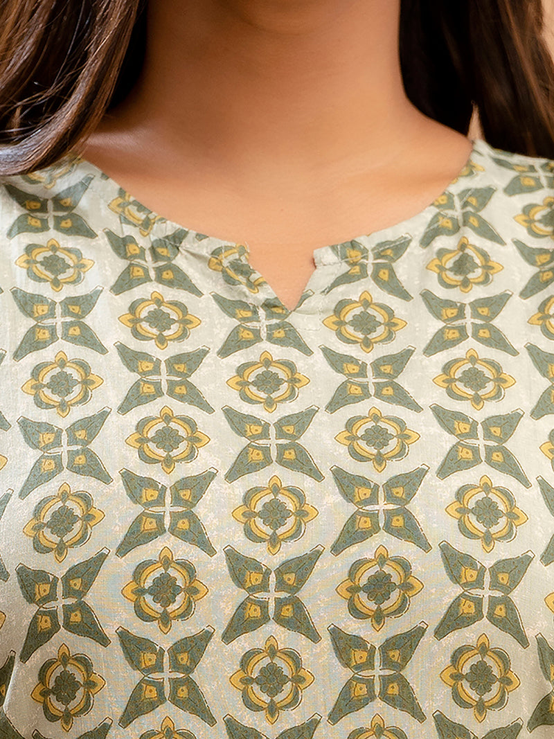 Green Printed Cotton Night Suit with V-Neck Kurti & Ankle-Length Pants