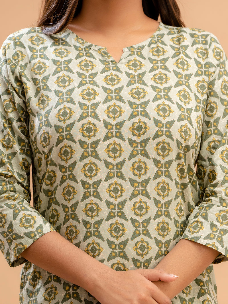Green Printed Cotton Night Suit with V-Neck Kurti & Ankle-Length Pants