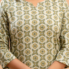 Green Printed Cotton Night Suit with V-Neck Kurti & Ankle-Length Pants