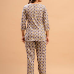 Purple Printed Cotton Night Suit with V-Neck Kurti & Ankle-Length Pants