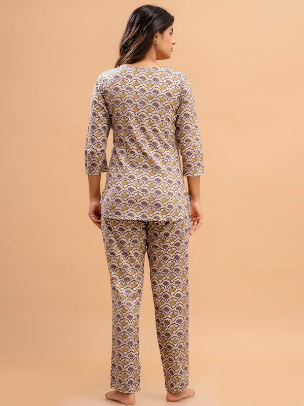 Purple Printed Cotton Night Suit with V-Neck Kurti & Ankle-Length Pants